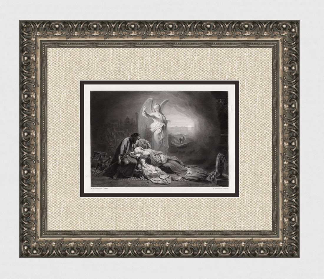 1800s Edward Henry CORBOULD Engraving The Young Christ Story FRAMED SIGNED: Edward Henry Corbould R.I. (British, 1815 - 1905). The Eve of the Flight. Antique engraving on wove paper after the original by master engraver Tony Goutière (French, 1808-1890). Year: 1870. Signed i