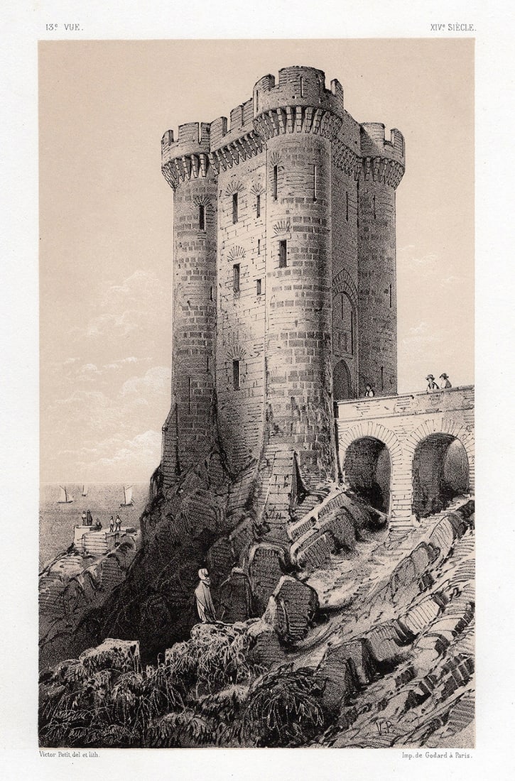 Original V. PETIT 1800s Lithograph Tour Solidor a St. Servan SIGNED FRAMED: Victor Petit (1817-1871). Tour Solidor a St. Servan Ille-et-Vilaine (Soldier Tower). Original tinted lithograph on strong vellum paper. Year: 1860. Signed in the plate. Published by A Godard Paris. Im