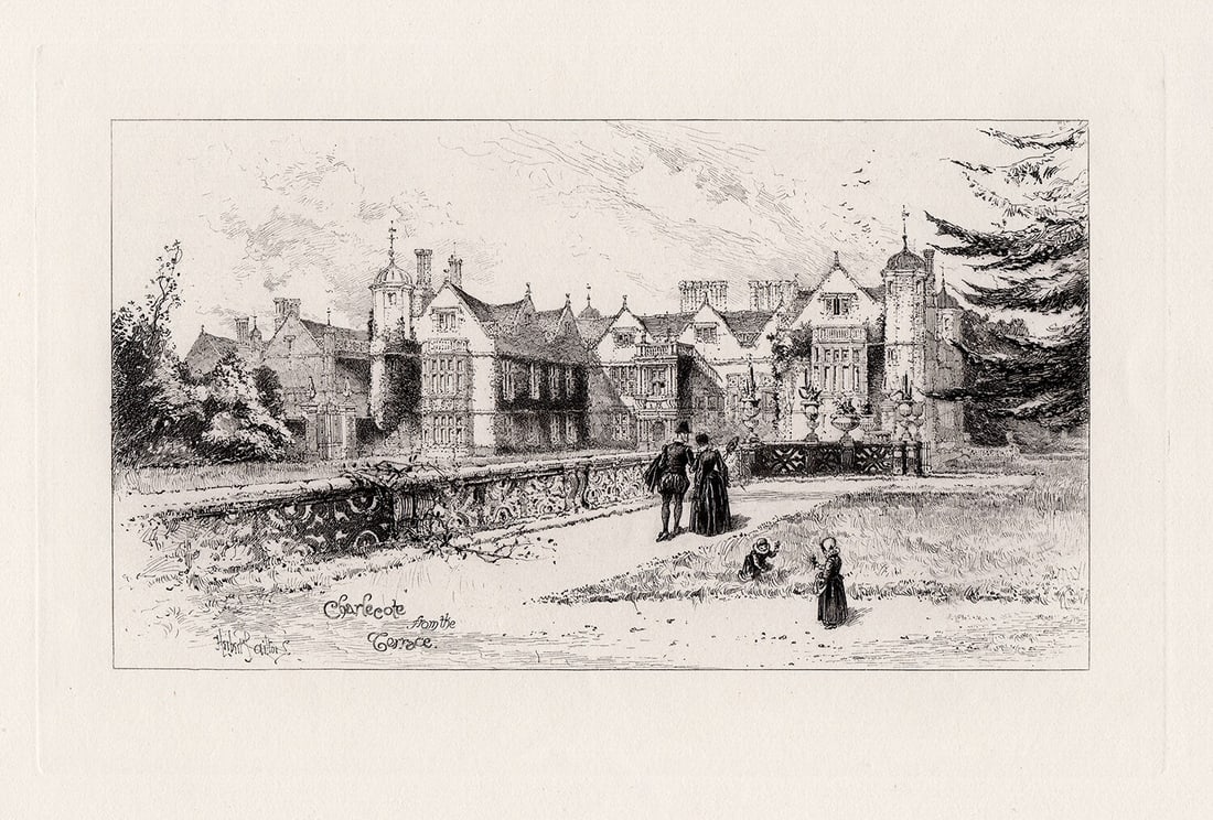 Herbert Railton 1888 etching Charlecote from the Terrace signed: Herbert Railton. (English, 1857-1910). Charlecote from the Terrace. Antique hand pulled copper plate etching on wove paper. 1888. Signed in the plate, lower left. Excellent. Image Size 7 x 10 5/8 inch