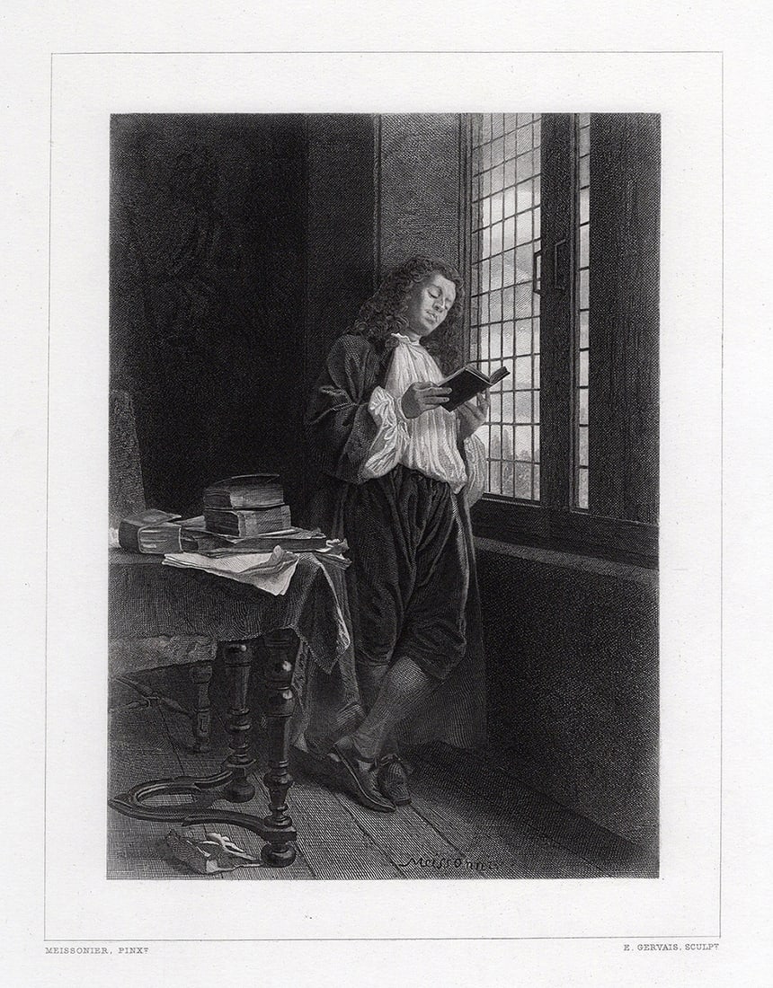 Interesting 1800s Ernest Meissonier Engraving "The Student" Framed Signed (1 of 2)