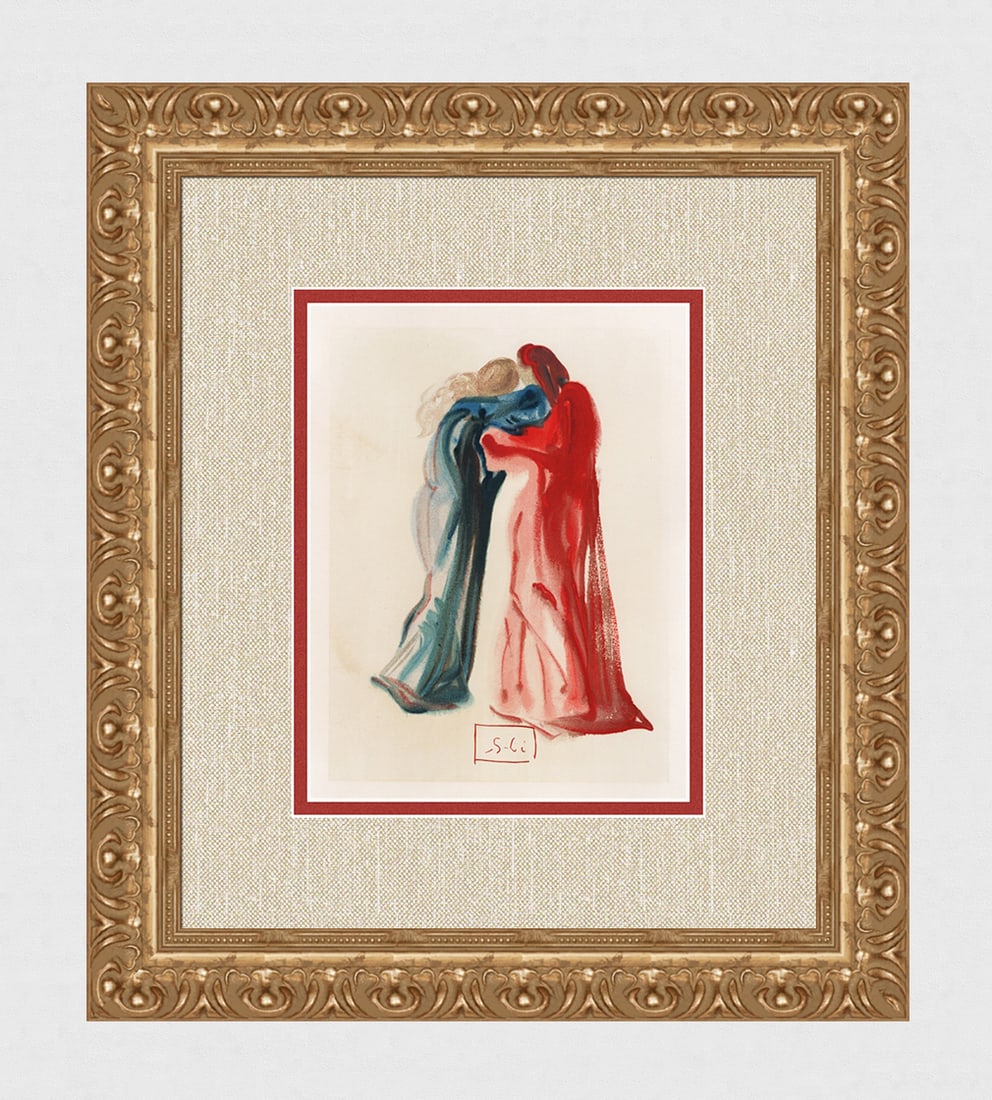 1960 Salvador Dali Dante Beatrice Authentic Woodcut: Salvador Dali. (1904-1989). "Meeting of Dante and Beatrice" Purgatory Canto 29. Authentic Original Color Woodcut from The Divine Comedy Printed in 1960 on B.F.K. Rives Paper ( this is not a reproducti