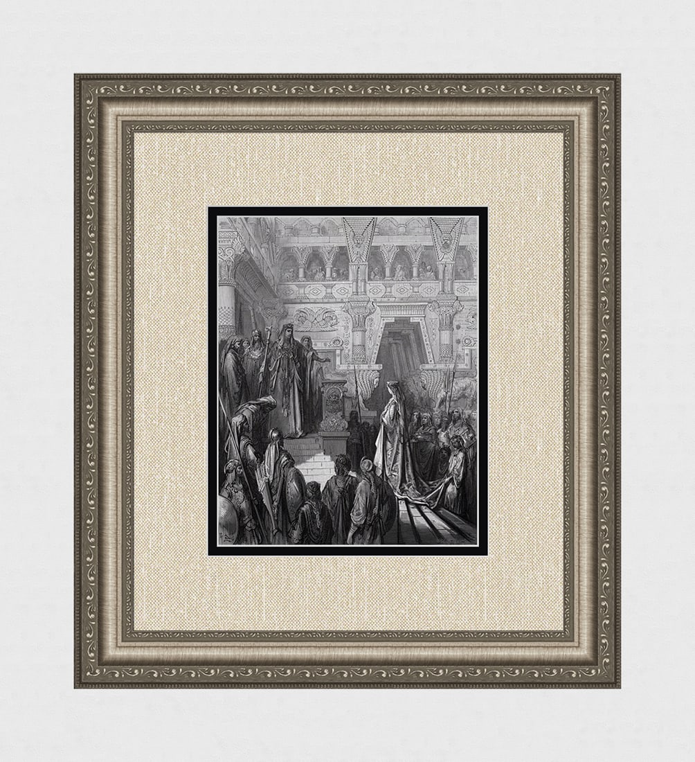 FRAMED 1800s GUSTAVE DORE Woodcut King Solomon & Queen Sheba SIGNED: Gustave Dore (Paul Gustave Louis Christophe Dore) (French, 1832-1883). King Solomon Welcoming the Queen of Sheba (From Dore's Bible). Antique woodcut wove paper after the original by a master wood eng