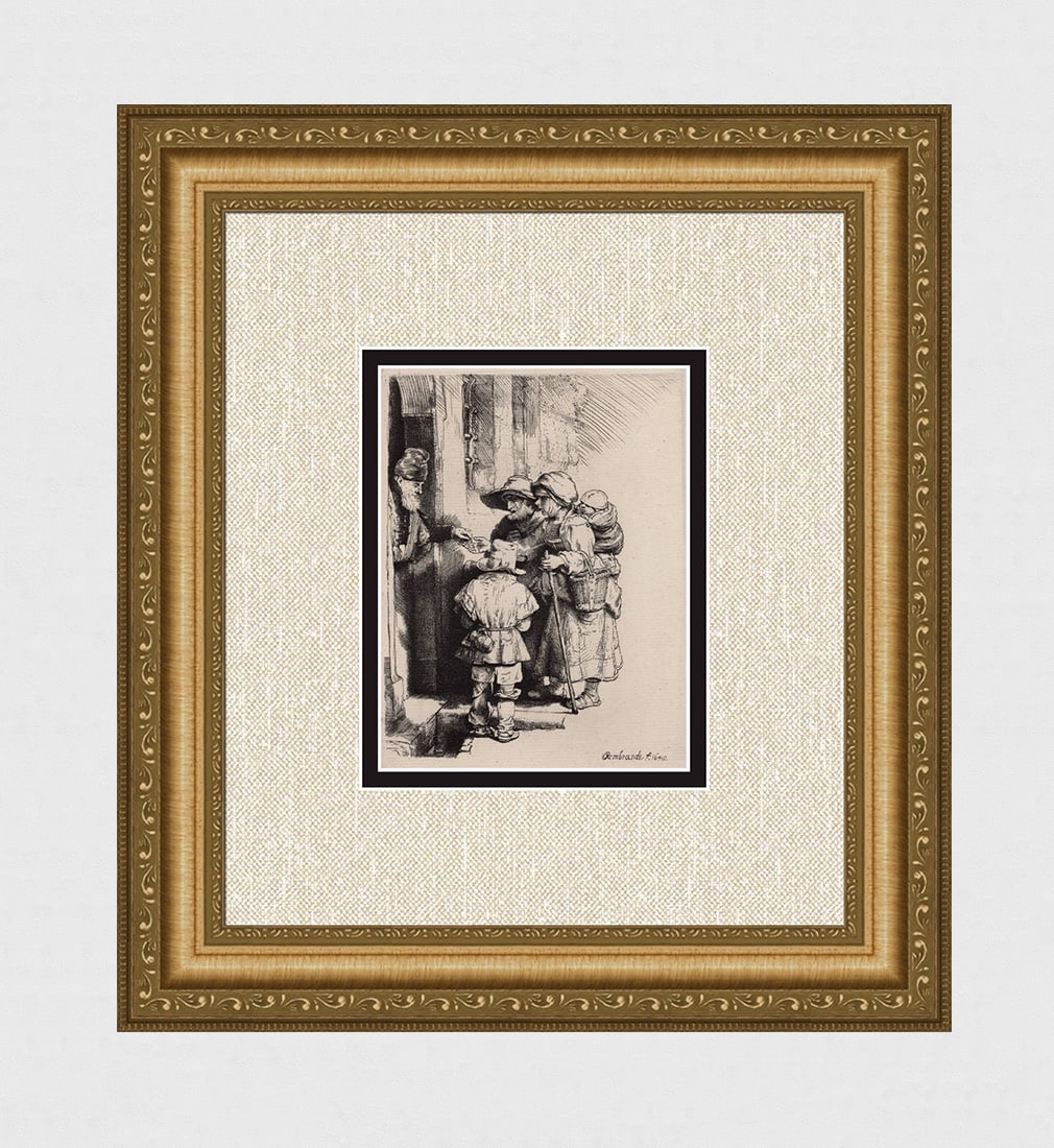 1800s REMBRANDT B176 Beggars Receiveing Alms DURAND: After Rembrandt Harmenszoon Van Rijn (1606-1669). Title: Beggars Receiving Alms at the Door of a House. Medium: Antique hand pulled copper plate etching on laid paper after the original by master etch