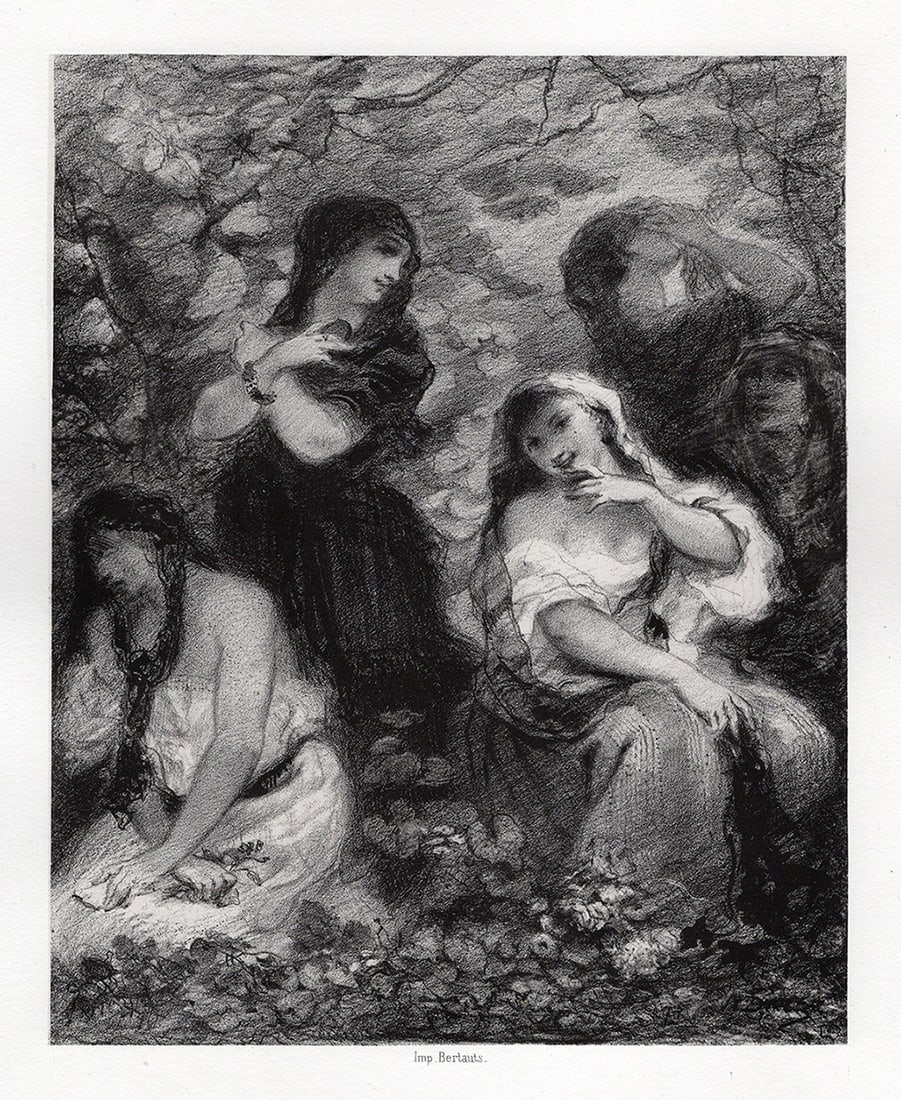1800s Nacisse-Virgile Diaz Lithograph CRAZY LOVERS Framed: Nacisse-Virgile Diaz (French, 1807-1876). Les Folles Amoureuses (Crazy Lovers). Antique lithograph on wove paper after the original. Signed in the plate. Year: 1844. Image size 6 1/8 x 7 5/8 inches. F
