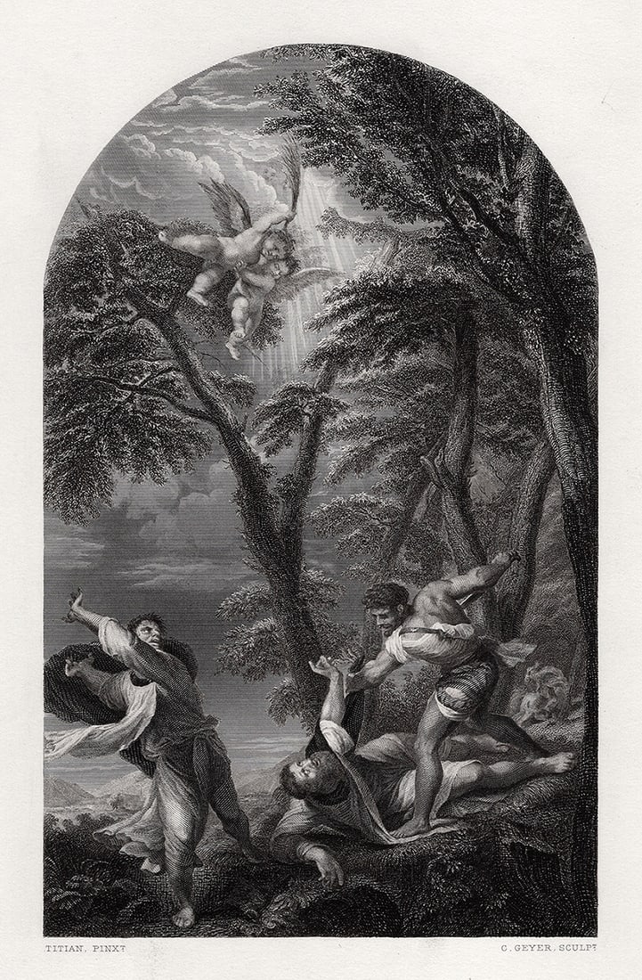 1870 TITIAN Antique Engraving The Martyr Saint Peter FRAMED SIGNED: Titian (Tiziano Vecelli or Tiziano Vecellio known in English as Titian) (Italian, c. 1485-1576). Saint Peter Martyr. Antique engraving on wove paper after the original by master engraver Conrad Geyer 