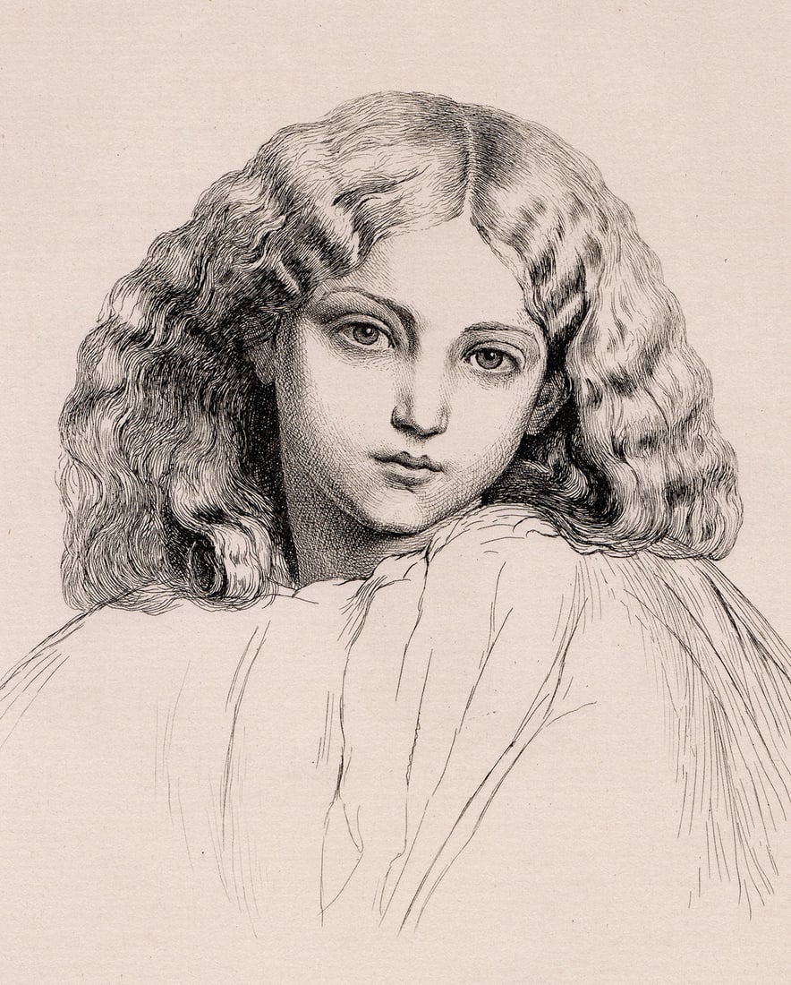1874 Sir Frederic William Burton The Child Miranda etching signed - 2