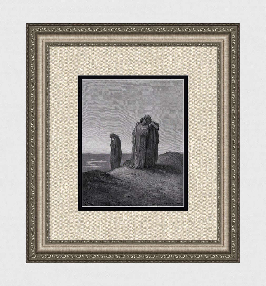 1800s GUSTAVE DORE Woodcut Ruth's Loyalty to Naomi Signed Framed: Gustave Dore (Paul Gustave Louis Christophe Dore) (French, 1832-1883). Naomi and her Daughters in Law (From Dore's Bible). Antique woodcut wove paper after the original by a master wood engravers. Ado