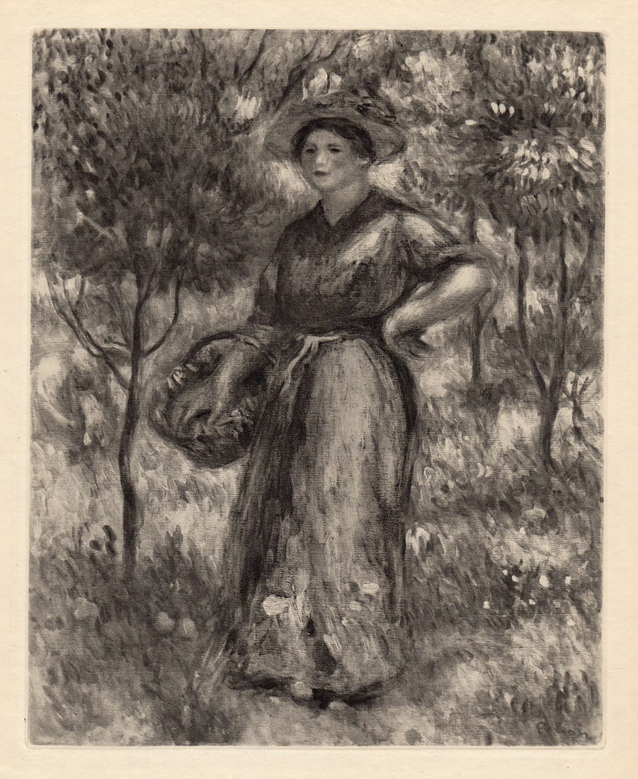 1919 RENOIR Limited Edition Engraving "Femme nue etendue" SIGNED FRAMED: Pierre Auguste Renoir (1841 - 1919). Jeune Fille au Panier (Gabrielle au Jardin) (Young Girl with Basket) (Gabrielle in the Garden). Antique copper plate heliogravure engraving on beau papier teinte h
