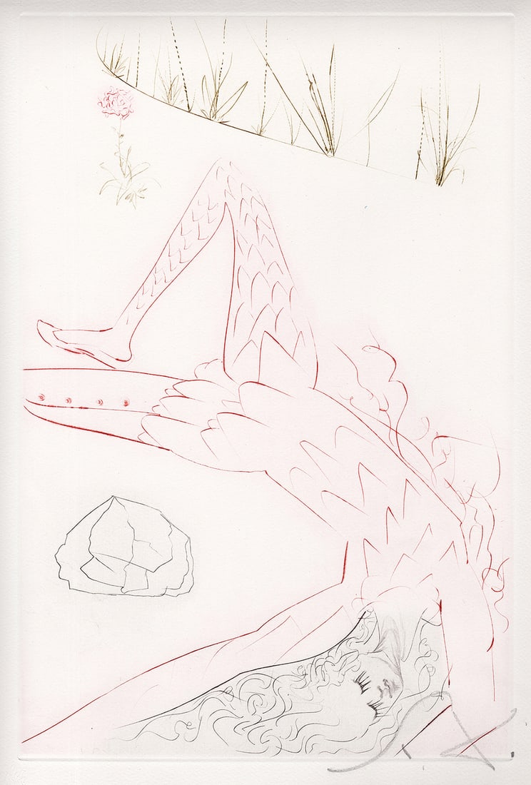 Salvador Dali Tristan Etching Signed Limited Framed: Salvador Dali. Tristan Blesse (Tristam Wounded). Original Color drypoint etching on Arches paper. Year: 1970. Hand Signed in pencil (Monogram) lower right. From the edition of 125. Blindstamp lower le