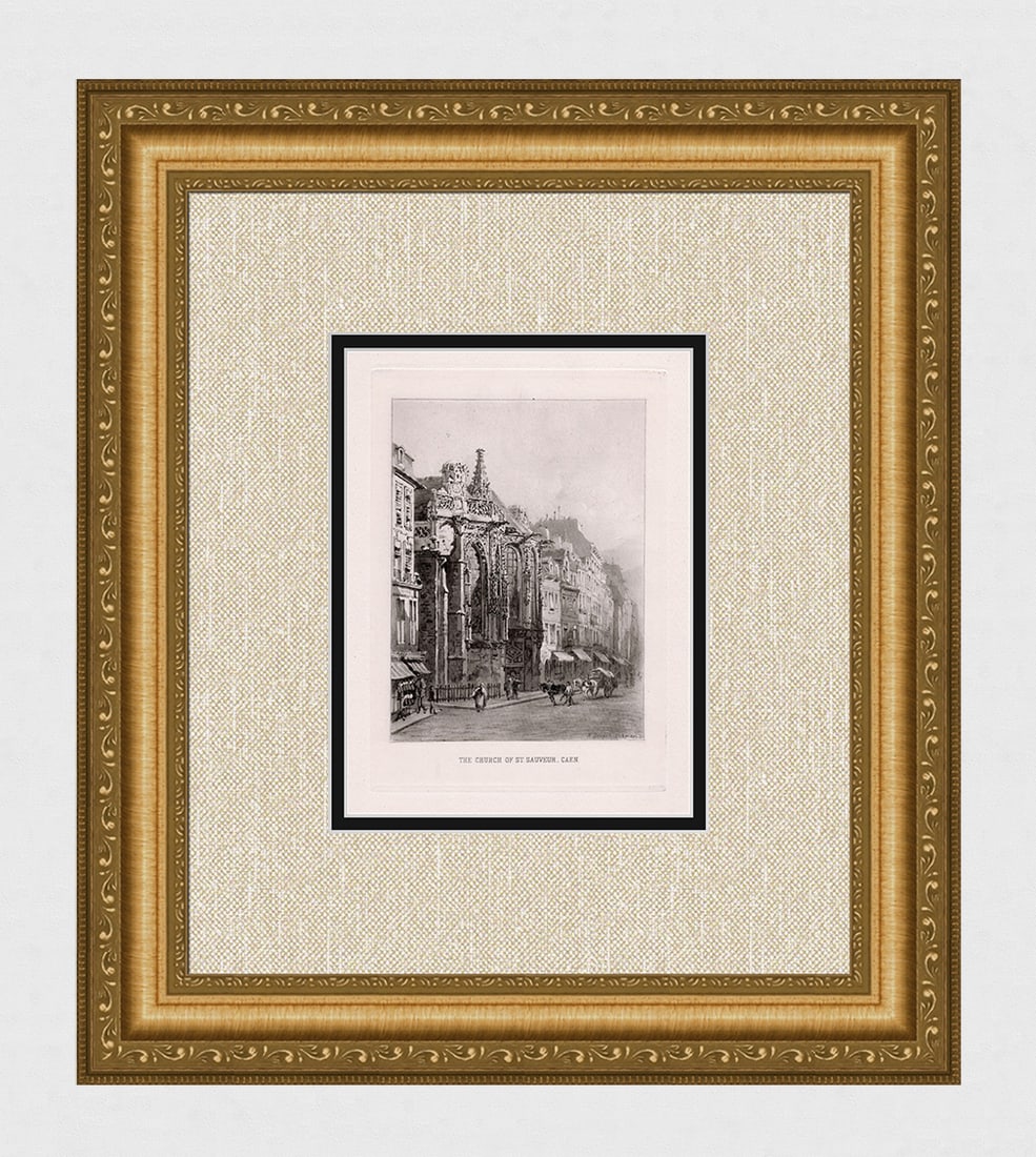 Alfred-Louis Brunet-Debaines (French, 1845-1939). The Church of St. Sauveur, Caen etching signed: Alfred Louis Brunet-Debaines (French, 1845-1939). The Church of St. Sauveur, Caen. Antique Etching on wove paper. 1890. Signed in the Plate, lower left. Excellent. Image Size 5 3/8 x 7 5/8 inches. App