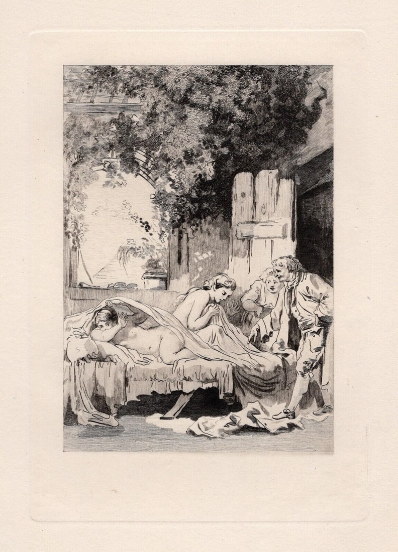 JEAN-HONORE FRAGONARD 1800s Etching The Nightingale LIMITED Framed: Jean-Honore Fragonard (French, 1732 - 1806). The Nightingale (Le Rossignol) (from Conte de La Fontaine). Antique etching on laid paper after the original by master engraver Adolphe Martial Potemont (F