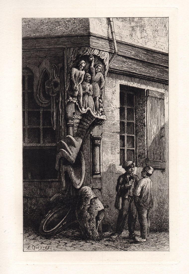 Armand Queyroy Corner of a Street in Chinon 1876 etching: Armand Queyroy. (Mathurin Louis Armand Queyroy) (French, 1830-1893). Corner of a Street in Chinon. Original hand pulled copper plate etching on laid paper. 1876. Signed in the plate, lower left. Excel