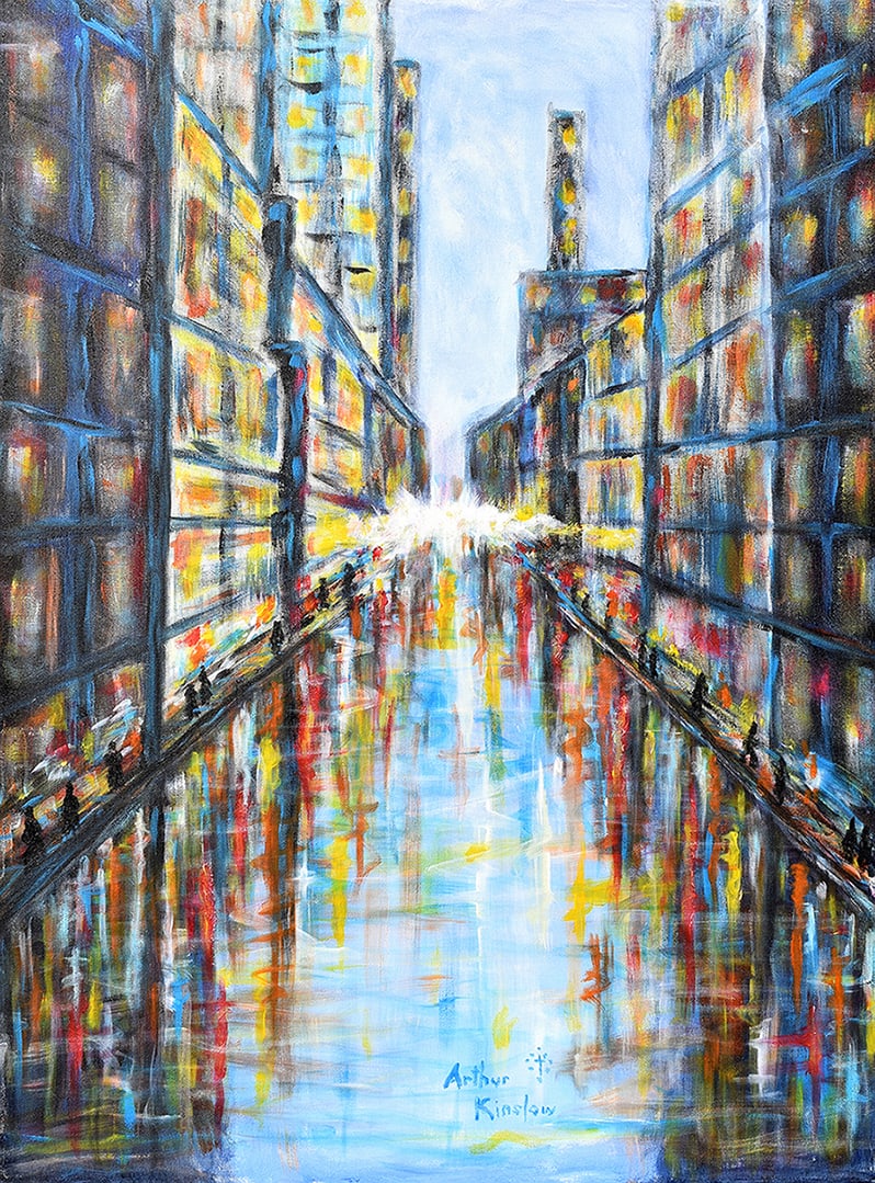 Arthur Kinslow Original Painting Cityscape V 30 x 40 Inches: Arthur Kinslow ( American, 1955 - ) Cityscape V. Original Acrylic on Canvas.Signed by the artist lower center. Canvas Size 30 x 40 inches. Arthur Kinslow has been involved in art his entire life and b