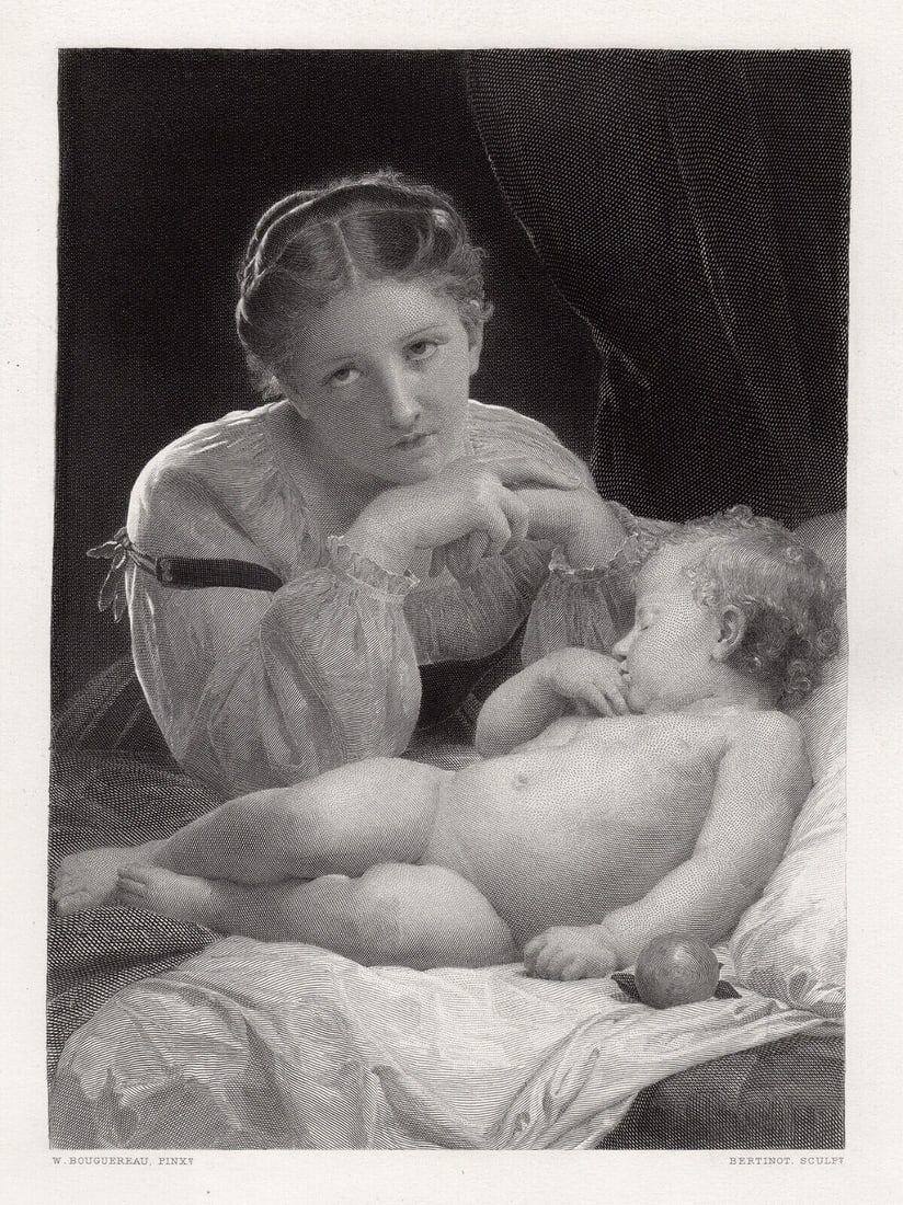 BOUGUEREAU 1800s Engraving "Watch & Ward" Signed GALLERY FRAMED: William-Adolphe Bouguereau (French, 1825-1905). Watch and Ward. Antique steel engraving on wove paper after the original oil on canvas by master engraver Gustave Nicolas Bertinot (1851-1855). Year: 18