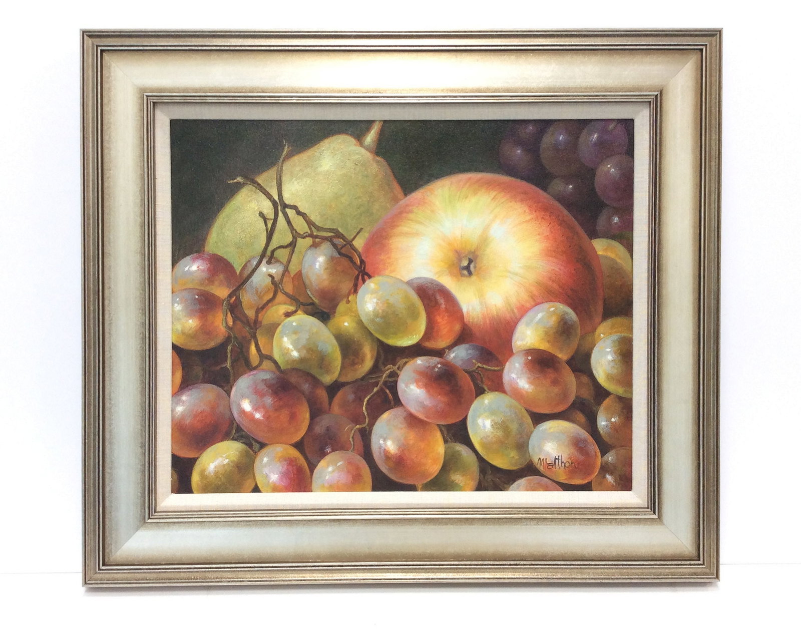 Detailed Malthon Original Oil Painting Grapes Framed: Malthon. Grapes. Original oil painting on canvas. Signed lower right. Canvas Size 16 x 20 inches. ****This Piece has been professionally gallery framed. This artwork is accompanied by a Gallery Certif