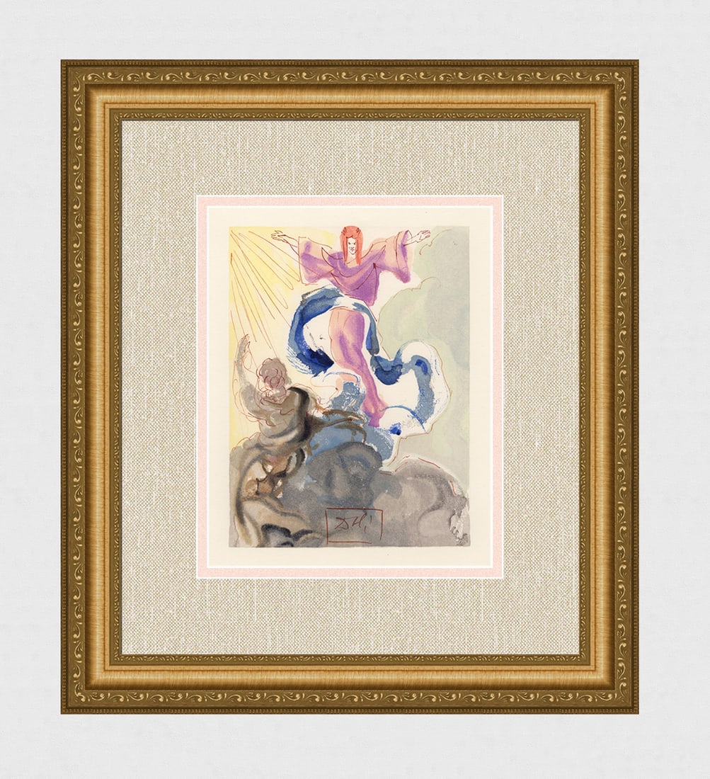 1960 Salvador Dali Paradise Authentic Woodcut Signed Framed: Salvador Dali. (1904-1989). "The First Sphere" Paradise Canto 3 . Authentic Original Color Woodcut from The Divine Comedy Printed in 1960 on B.F.K. Rives Paper ( this is not a reproduction, copy, or r