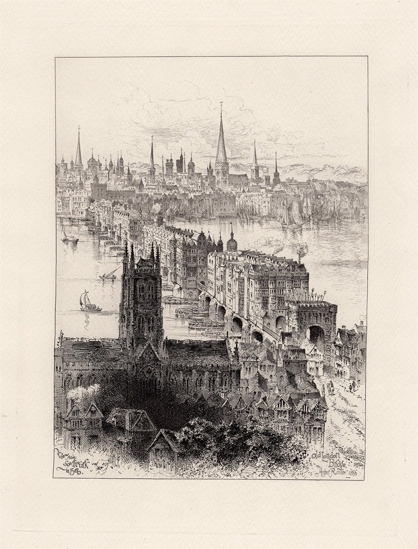 1886 Herbert Railton Old London Bridge from Southwark etching signed: Herbert Railton. (English, 1857 -1910). Old London Bridge from Southwark. Hand pulled copper plate etching om wove paper. 1886. Signed, titled, and dated in the plate. Excellent. Image size 8 x 10 5/8