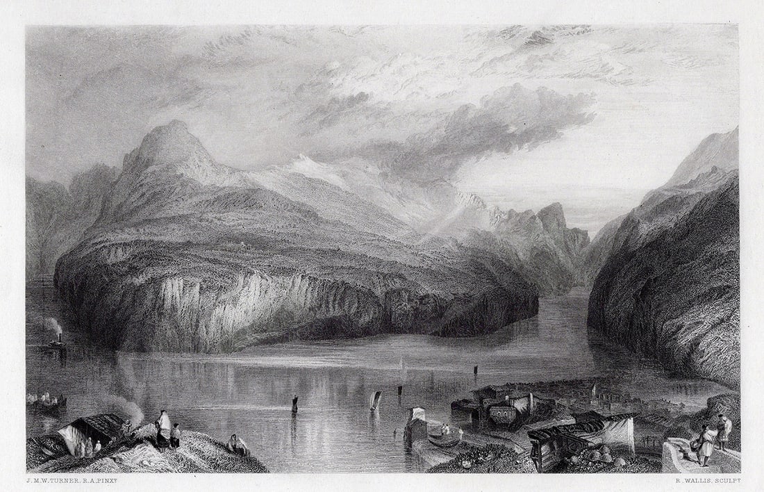William Turner 1800s Engraving Lake Lucerne, Switzerland Signed Framed: Joseph Mallord William Turner (English, 1775-1851). The Lake of Lucerne. Antique engraving on wove paper after the original by master engraver Robert William Wallis (British, 1794-1878). Year: 1878. R