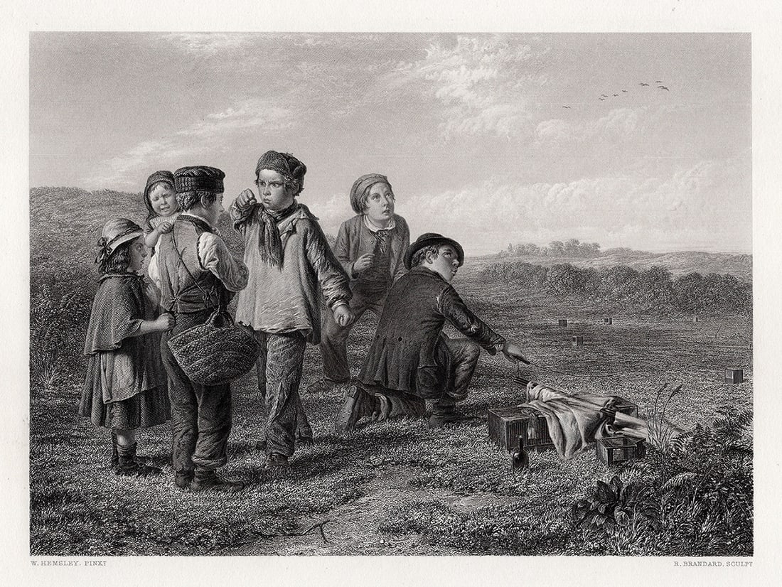 SIGNED 1800s William Hemsley Engraving Group of Young Bird Catchers FRAMED: William Hemsley (British, 1819-1906). The Bird-catchers. Antique engraving on wove paper after the original by master engraver Robert Brandard (British, 1805-1862). Signed in the plate. Year: 1866. Im
