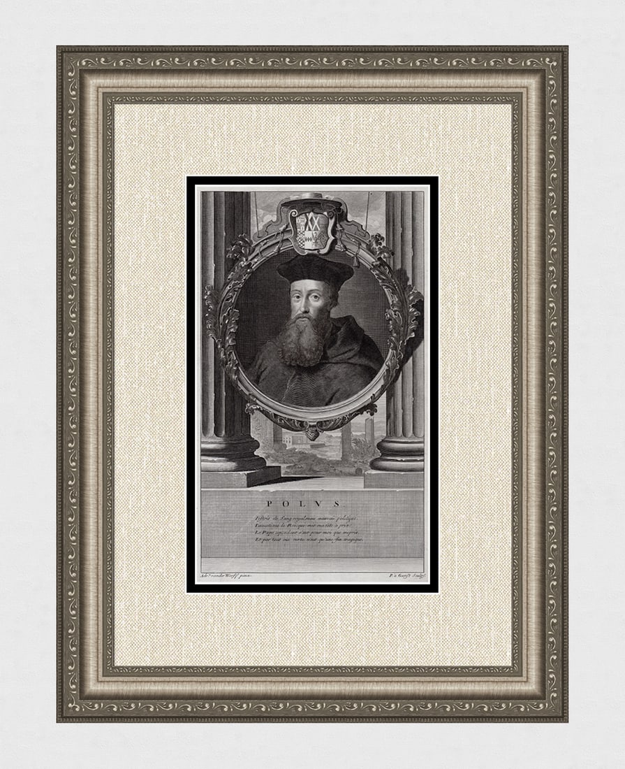 Adriaen van der Werff 1697 Engraving Reginald Pole Framed: Adriaen van der Werff (1659 - 1722). Portrait of Reginald Pole. Antique engraving on wove paper after the original by master engraver Pieter van Gunst (Dutch, 1658/9 - 1731). Year: 1697. Signed in the