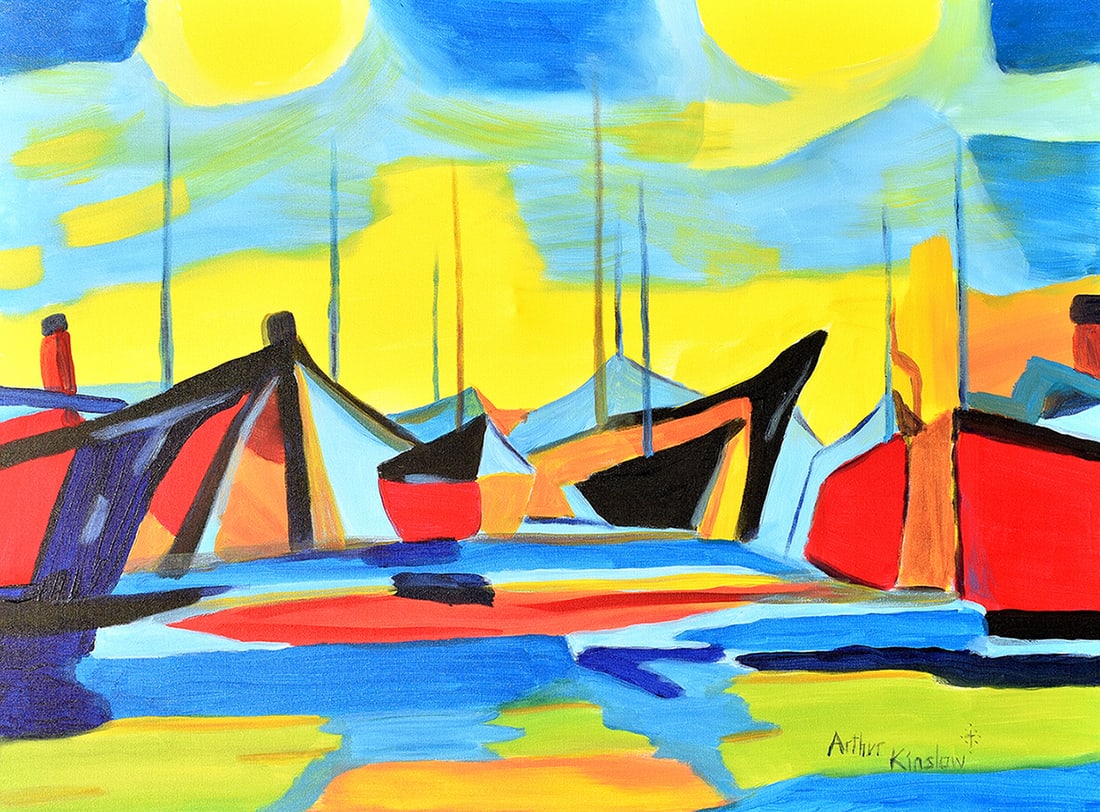 Arthur Kinslow Original Painting In Port 30 x 40 Inches: Arthur Kinslow ( American, 1955 - ) In Port. Original Acrylic on Canvas.Signed by the artist lower center. Canvas Size 30 x 40 inches. Arthur Kinslow has been involved in art his entire life and belie