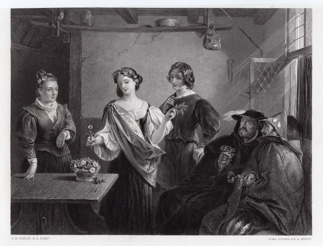 Charles Robert Leslie Pursuit of the Maiden 1867 engraving: Charles Robert Leslie. (English, 1794 - 1859). Florizel and Perdita _ "The Winter's Tale". Antique engraving on wove paper after the original oil on canvas by master engraver Lumb Stocks (English, 181
