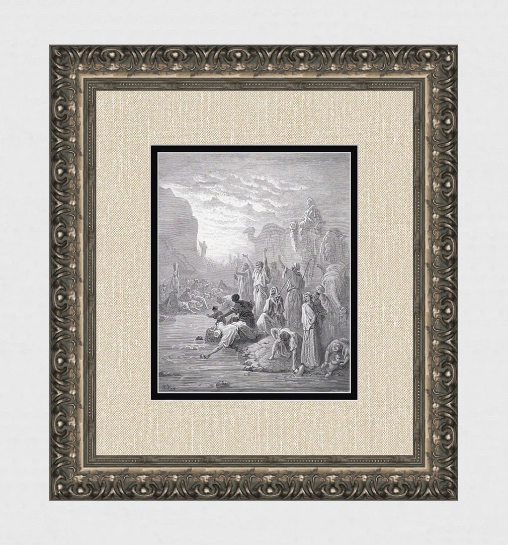 FRAMED 1800s Gustave Dore Biblical Wood Engraving Moses Striking the Rock SIGNED: Moses Striking the Rock in Horeb (From Dore's Bible). Antique Wood Engraving on wove paper executed by master wood engravers. Francois Auguste Trichon (b. 1814) and Gaston Raymond Ernest Monvoisin (19