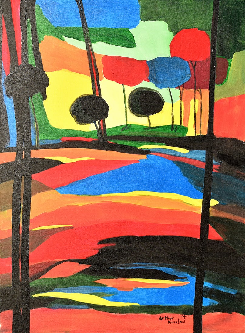 Arthur Kinslow Original Painting Landscape 30 x 40 Inches: Arthur Kinslow ( American, 1955 - ) Abstract Landscape at Sunset. Original Acrylic on Canvas.Signed by the artist lower center. Canvas Size 30 x 40 inches. Arthur Kinslow has been involved in art his 