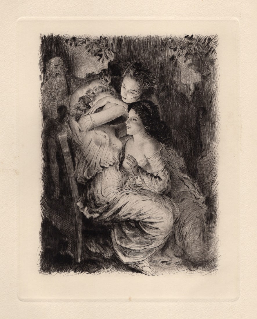 Psyche & her Sisters Original 1955 Paul-Emile Becat Limited Drypoint: Paul-emile Becat (French, 1885 - 1960). Psyche with her Jealous Sisters. Original drypoint etching on wove paper.Year: 1955. Edition 282 limited edition of 670. Publisher Les Heures Claires, Paris.