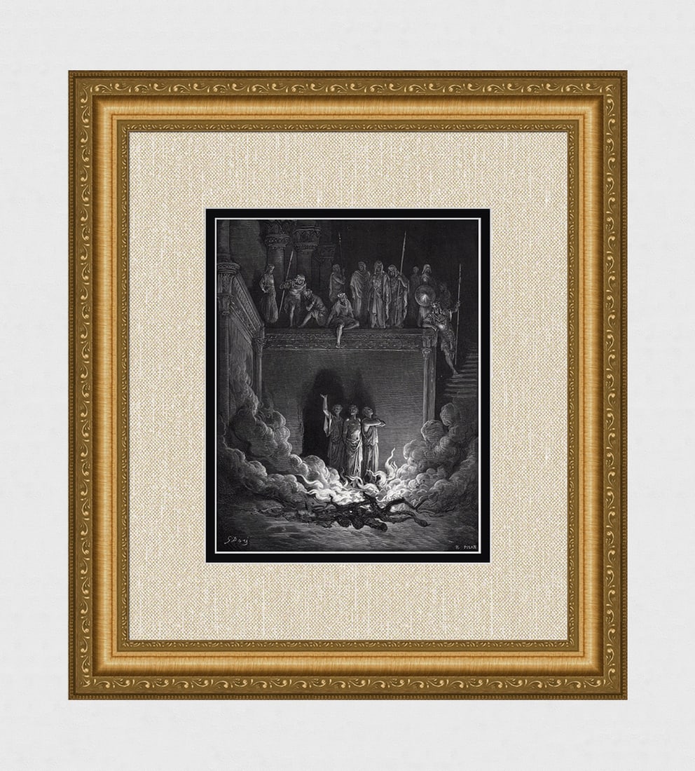 FRAMED 1800s Gustave Dore Biblical Woodcut Shadrach, Meshach, & Abednego SIGNED: Gustave Dore (Paul Gustave Louis Christophe Dore) (French, 1832-1883). Shadrach, Meshach, and Abednego in the Fiery Furnace (from Dore's Bible). Antique woodcut wove paper after the original by a