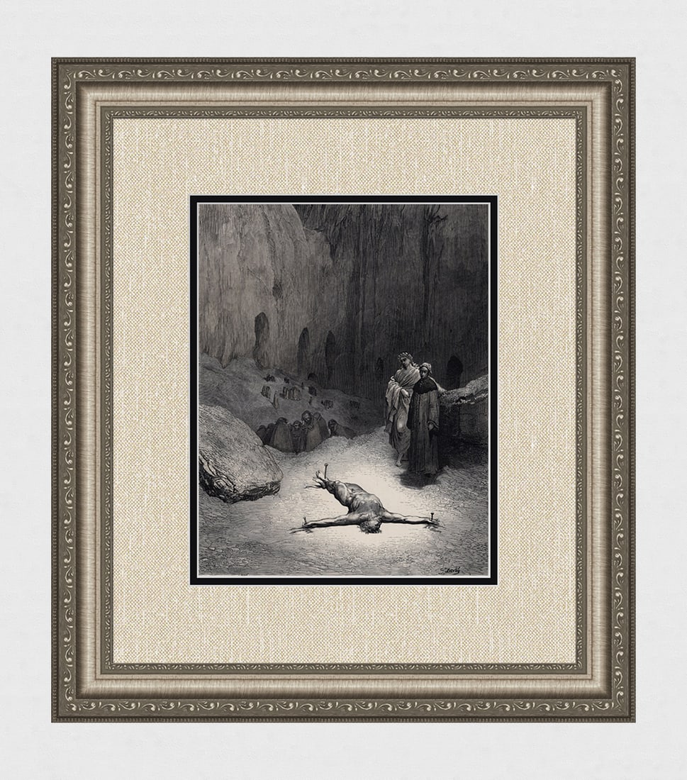 1800s Gustave DORE Divine Comedy Enferno Woodcut CALAPHAS Framed Signed: Gustave Dore (Paul Gustave Louis Christophe Dore) (French, 1832-1883). Chant 23, Caiaphas (from Divine Comedy, Enferno). Antique woodcut wove paper after the original by a master wood engraver Heliodo
