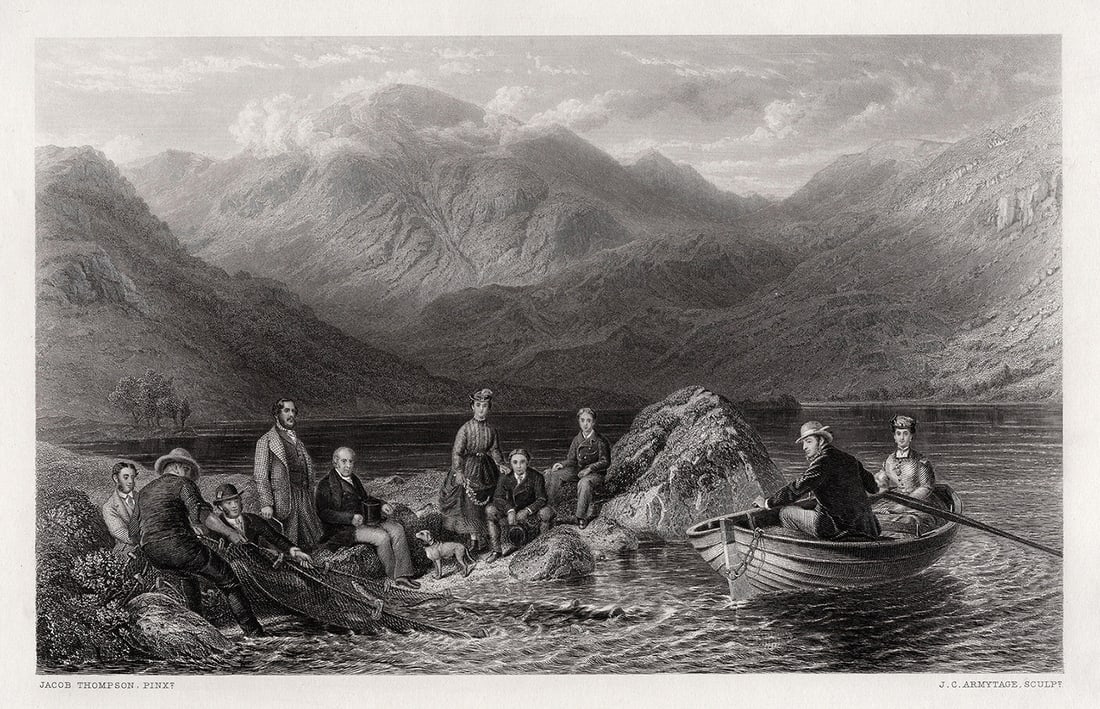 Jacob Thompson 1800s Engraving Drawing The Net At Naweswater Framed Signed: Jacob Thompson (English, 1806-1879). Drawing the Net at Haweswater. Antique engraving on wove paper after the original by master engraver John Carr Armytage (British, 1802 - 1897). Year: 1870. Signed 