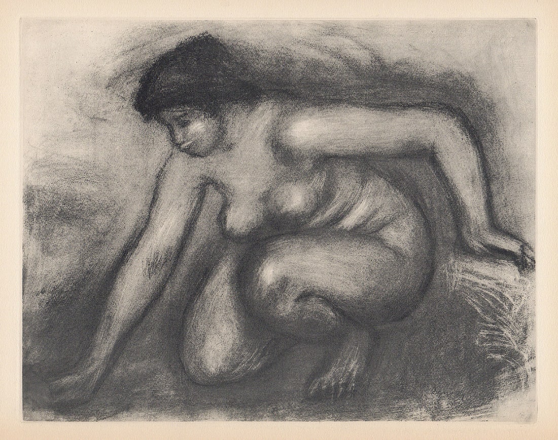 1919 RENOIR Engraving "Etude de Femme nue" Limited Edition Framed: Pierre Auguste Renoir (1841 - 1919). Study of a Naked Woman (Etude de Femme nue). Antique copper plate heliogravure engraving on beau papier teinte hand pulled by Emile Fequet in Paris on December 15,
