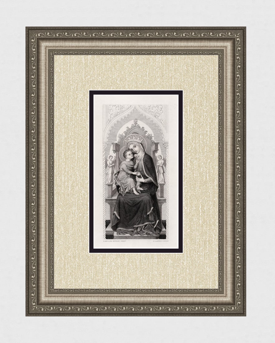 1800s Lorenzo Veneziano Engraving The Virgin Enthroned Framed Signed: Lorenzo Veneziano (Venetian; Italian, 1353-1379 fl) (formerly attributed to) Andrea da Murano (Italian, 1462-1505). The Virgin Enthroned (Saint Mary (the Blessed Virgin) with the Christ Child). Antiqu