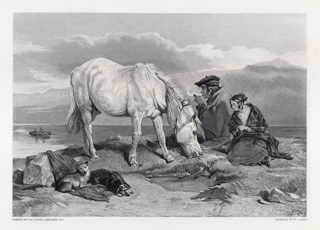 Edwin LANDSEER 1800s Engraving Pastoral Landscape Framed SIGNED: Sir Edwin Henry Landseer (English, 1802-1873). A Highland Group. Antique engraving on wove paper after the original by master engraver William John Alais (British, 1877-1894 fl).Year: 1881. Signed in 