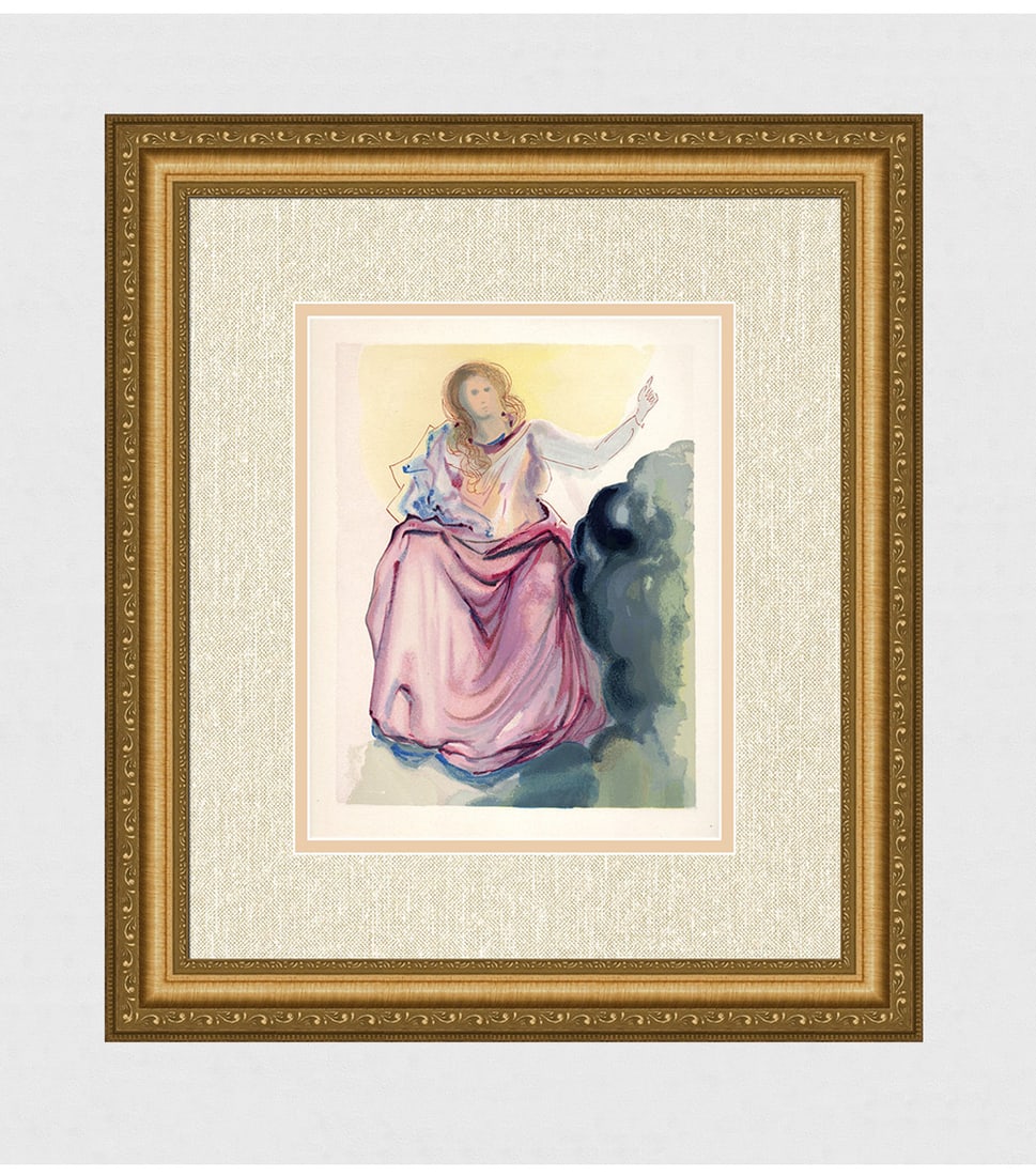 1960 Salvador Dali Beatrice Authentic Woodcut: Salvador Dali. (1904-1989). "Beatrice" Paradise Canto 4. Authentic Original Color Woodcut from The Divine Comedy Printed in 1960 on B.F.K. Rives Paper ( this is not a reproduction, copy, or reprint, b