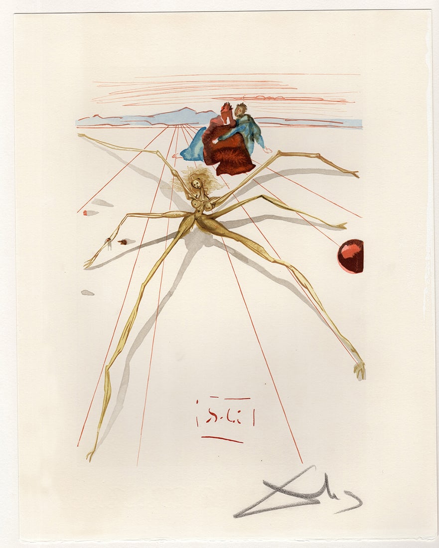 1960 Salvador Dali Terrace Anger Authentic Woodcut: Salvador Dali. (1904-1989). "Leaving the Terrace of Anger" Purgatory Canto 17. Authentic Original Color Woodcut from The Divine Comedy Printed in 1960 on B.F.K. Rives Paper ( this is not a reproductio