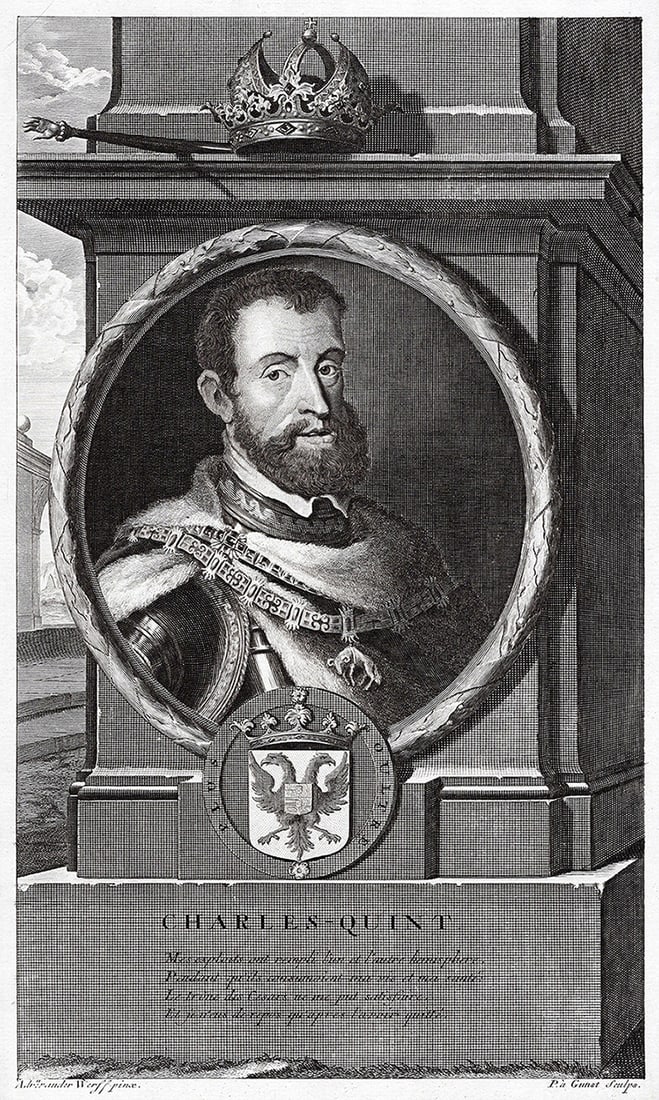 Adriaen van der Werff 1697 Engraving Charles V Holy Roman Emperor Framed: Adriaen van der Werff (1659 - 1722).Charles V (1500 - 1558). Holy Roman Emperor. Antique engraving on laid paper after the original by master engraver Pieter van Gunst (Dutch, 1658/9 - 1731). Year: 16