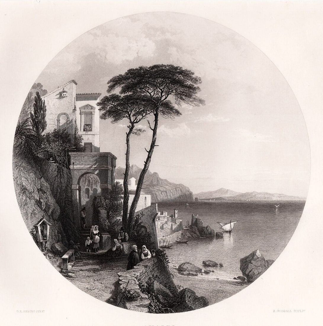 George Edwards HERING 1800s Engraving Amalfi Gulf of Salerno SIGNED Framed: George Edwards Hering (English, 1805-1879). Amalfi. Antique engraving on wove paper after the original by master engraver Edward Goodall (British, 1795-1870). Year: 1856. Signed in the plate, lower le