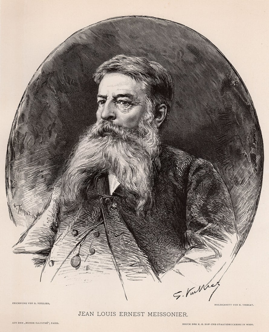 1887 Gaston Charles Vuillier Jean Louis Ernest Meissonier woodcut signed: Gaston Charles Vuillier. (French, 1847-1915). Jean Louis Ernest Meissonier. Antique woodcut on wove paper after the original painting by master wood engraver H. Thiriat. 1887. Signed in the Plate. Exc