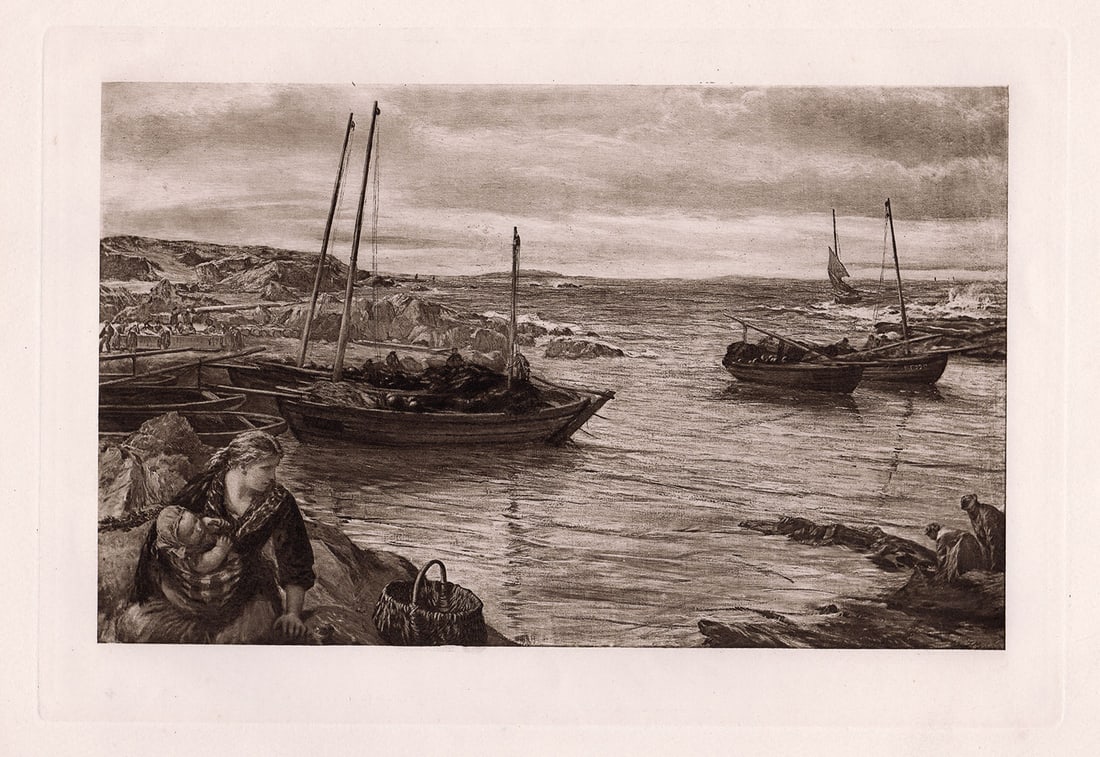 James Clarke Hook Home with the Tide 1890 print: James Clarke Hook. (1819-1907). Home with the Tide. Antique heliogravure on heavy wove paper after the original oil paint on canvas by a Master Engraver. 1890. Excellent. Image size 7 1/4 x 10 1/4 inc