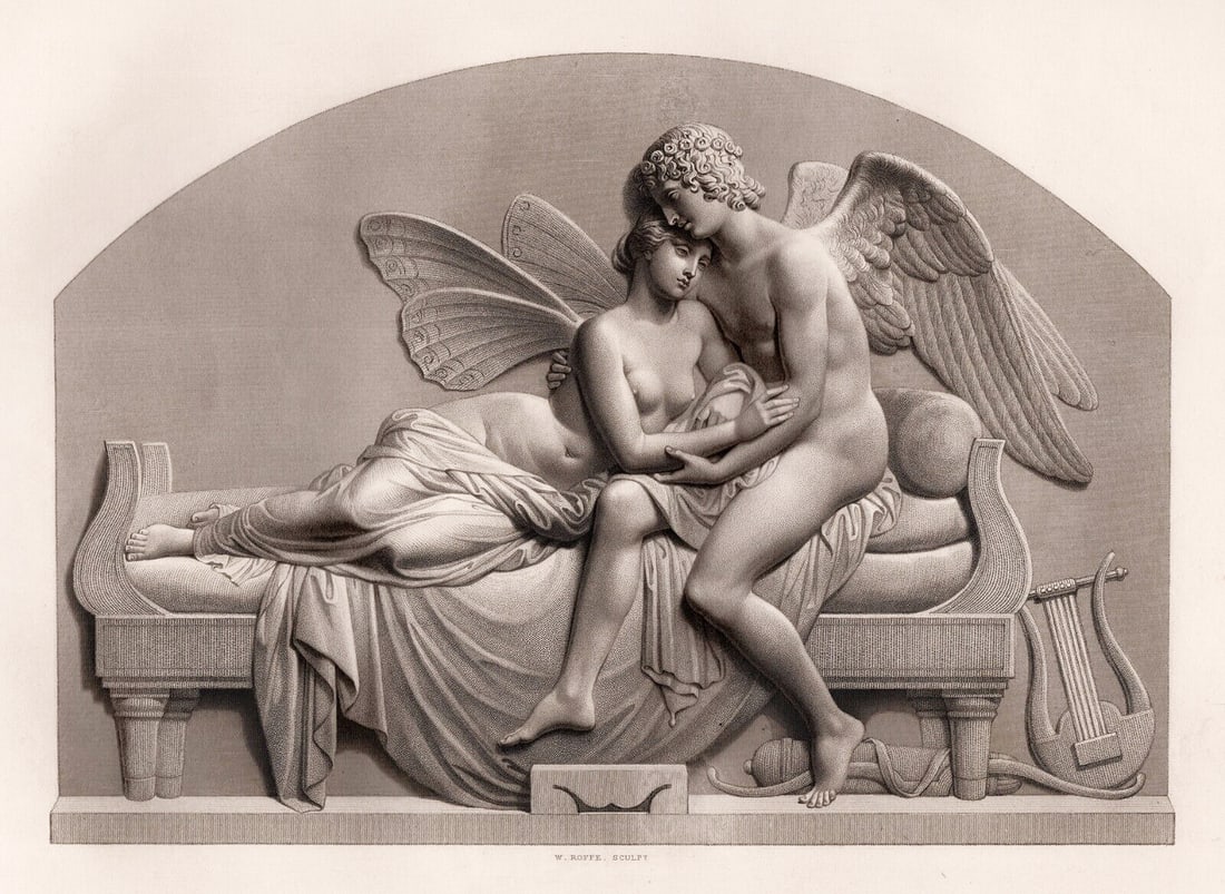 John GIBSON 1800s Antique Engraving CUPID & PYSCHE Framed: John Gibson (Welsh, 1790 - 1866). Cupid and Psyche. Antique engraving after the original marble low relief by master engraver William Callio Roffe (British, 1817 - c. 1894). Year: 1856. Image Size 6 3