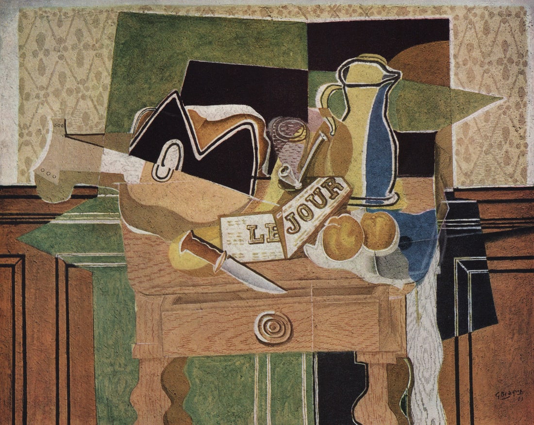 GEORGES BRAQUE 1956 Vintage Color Print Still Life Le Jour Signed Gallery Framed: Georges Braque (French, 1882-1963). Nature Morte Avec Le Jour (Still Life Le Jour). Vintage offset lithograph after the original painting. Year: 1956. Signed in the plate, lower right. Printer: Draege