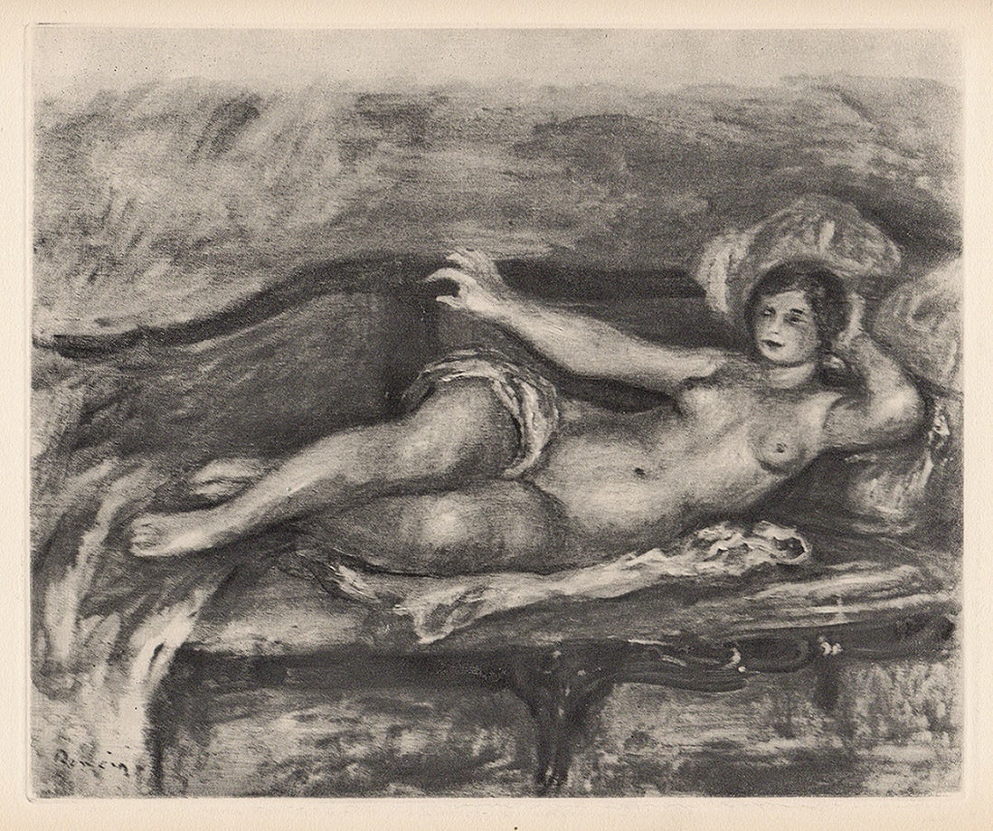 1919 Pierre RENOIR Engraving Nude Reclining SIGNED FRAMED Limited Edition: Pierre Auguste Renoir (1841 - 1919). Le Repos (Rest). Antique copper plate heliogravure engraving on beau papier teinte hand pulled by Emile Fequet in Paris on December 15, 1919. Signed in the plate, 