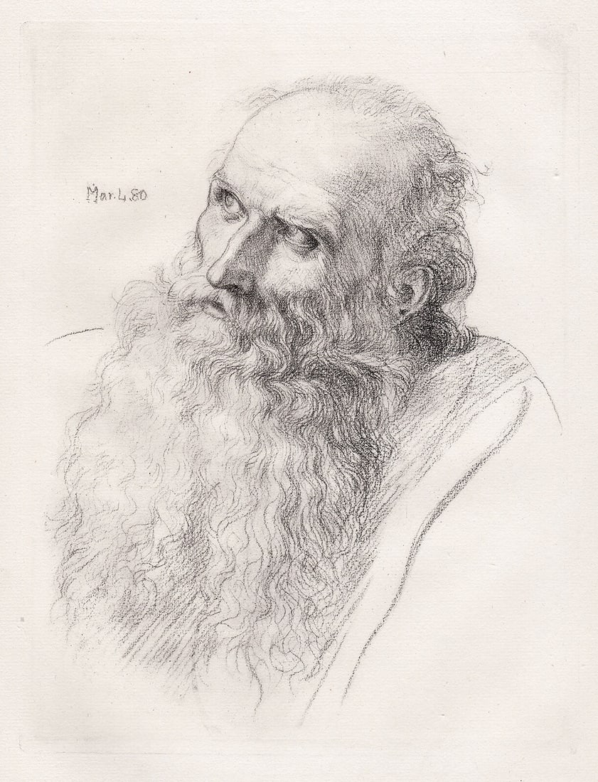 Sir Edward John Poynter Study for the Head of St. John 1882 (Dated in the plate.) etching: Sir Edward John. Poynter, 1st Baronet (English, 1836-1919). Study for the Head of St. John. Antique Etching on laid paper after the original by a Master Etcher. 1882 (Dated in the plate.). Excellent. 