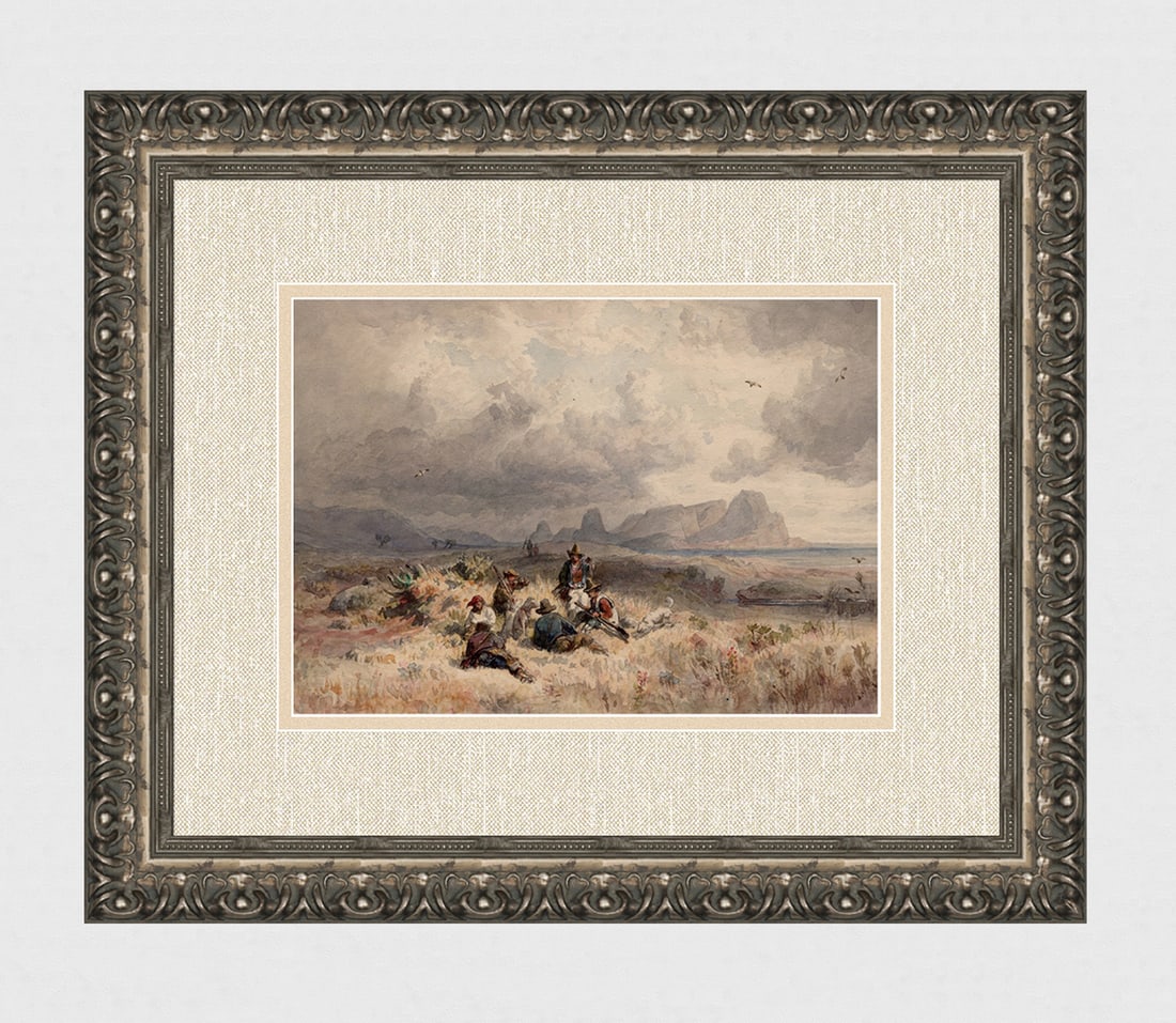Andreas Achenbach 1800's watercolor Hunting Party: Andreas Achenbach (1815 - 1910). The Hunting Party. Watercolor on wove paper after the original in the Dresden Gallery by Helen Philomena Purdy (Active 1870's - 1880's). Year: 1879. Signed and dated o