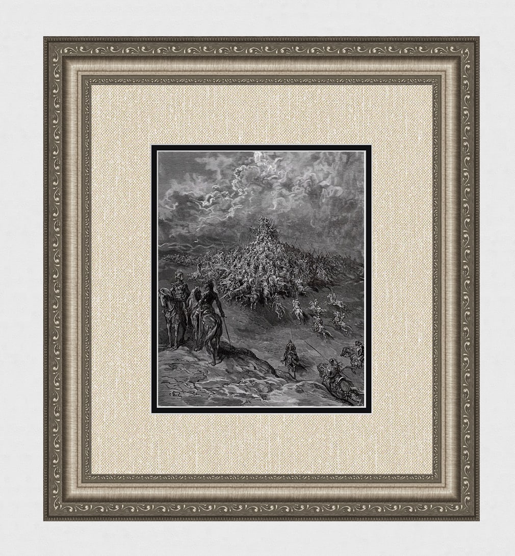 1800s Orlando Furioso Woodcut Ruggiero & Rinaldo FRAMED Signed: Gustave Dore (Paul Gustave Louis Christophe Dore )(French, 1832-1883). Ruggiero and Rinaldo stand aside as their planned duel turns into a free-for-all (From Orlando Furioso). Antique woodcut on wove 
