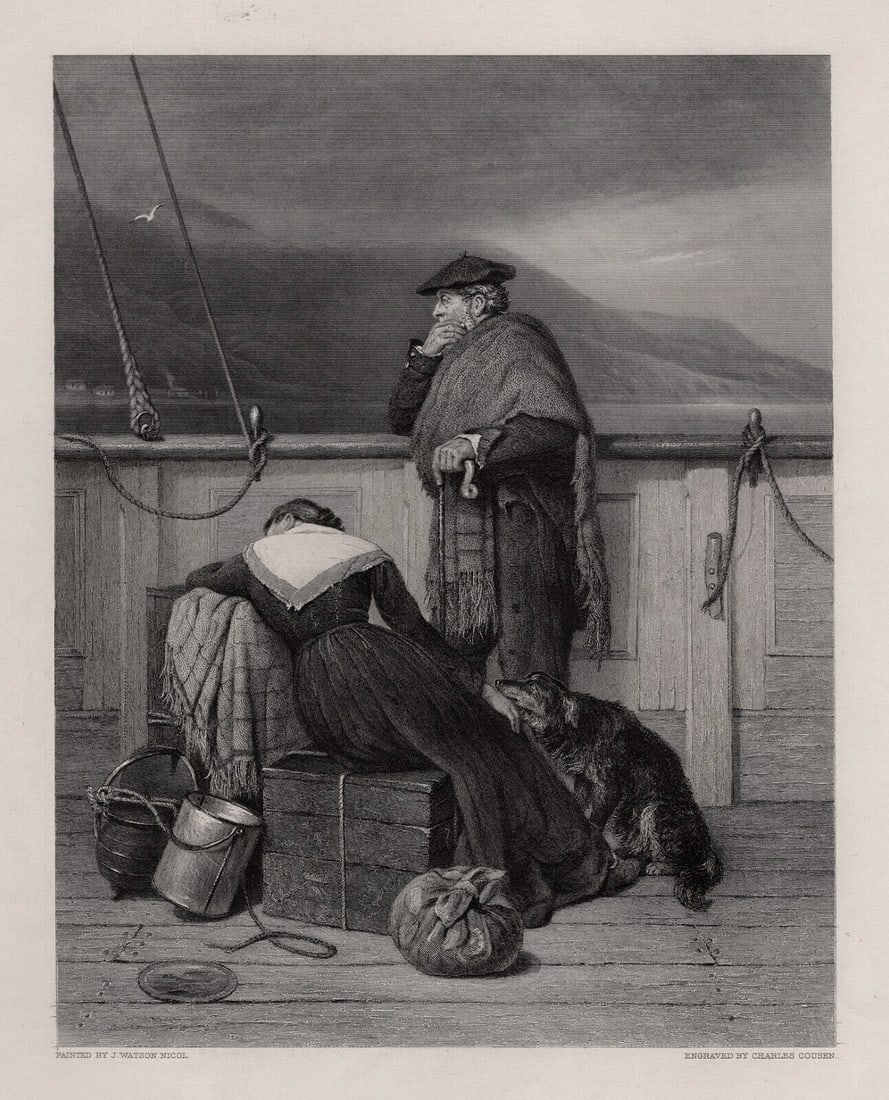 FRAMED 1800s John Watson Nicol Engraving Farewell to Lochaber SIGNED: John Watson Nicol (Scottish, 1856 - 1926). Lochaber No More. Antique engraving on wove paper after the original oil on canvas by master engraver engraver Charles Cousin (French, 1807-1887). Signed in 