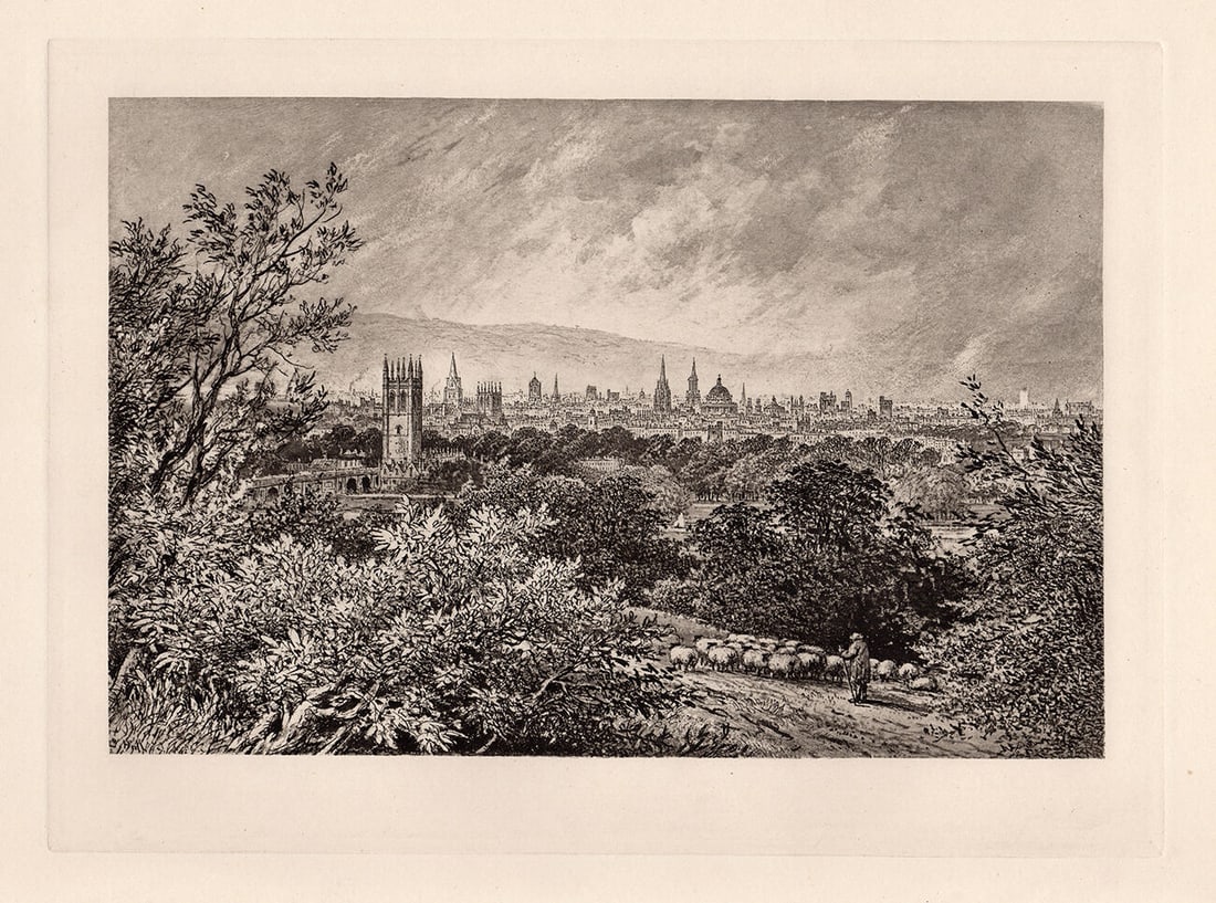 Edward Hull 1887 print Oxford from Headington Hill signed: Edward Hull. (English, 1823-1906). Oxford from Headington Hill. Antique heliogravure on wove paper after the original by a Master Engraver. 1887. Signed in the plate, lower left. Excellent. Image size