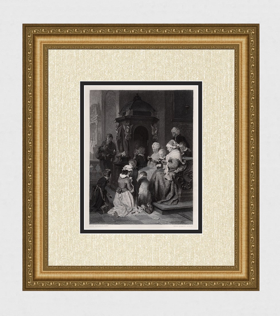 Hermann von Kaulbach First Comfession 1880 engraing signed: Hermann von Kaulbach (German, 1846 - 1909). The First Confession. Antique engraving on wove paper after the original oil on canvas by master engraver Wilhelm Schmidt (German, 1609-1667). 1880. Signed 